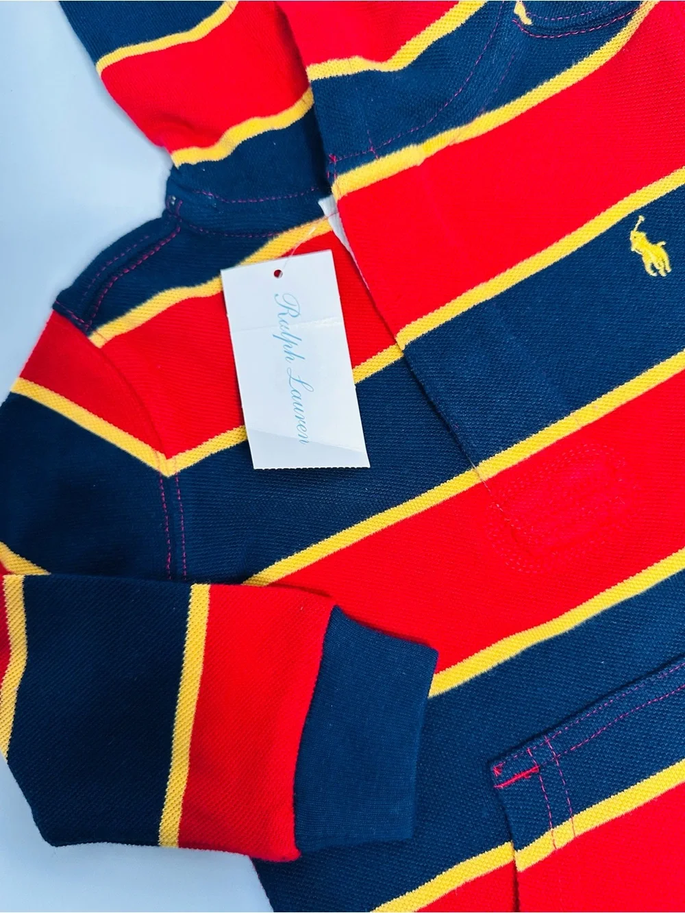 Ralph Lauren Hooded Polo Sweater in Red, Navy & Yellow Stripe
